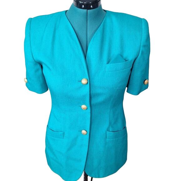 Vintage 80s/90s Teal Short Sleeve Gold Button Blazer Jacket Size Medium Career - Picture 1 of 8